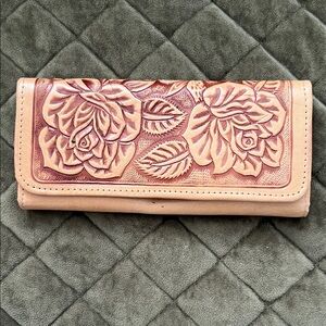 Floral Embossed Tan Leather Clutch